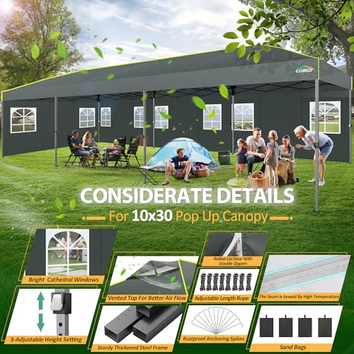 COBIZI 10x30 Pop Up Canopy Tent with Sidewalls One Push Outdoor Wedding Event Tent UPF 50+ Waterproof Gazebo with Air Vent, Tents for Party, Wheeled Bag, Sandbag, Stake, Rope, Grey - color: Grey(1-year warranty), size: 10x30