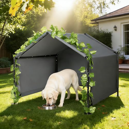 4'x 4'x 3.3' Large Dog Shade Shelter Outdoor Tent Dog House for Large Medium Dogs, Outside Sun Rain Canopy Pet House for Homeless Cats Livestock with Rainproof Cover with Artificial Grapevine Leaves