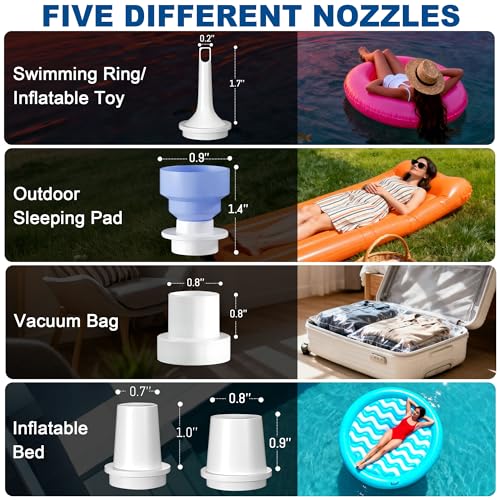 RovPool Electric Air Pump for Inflatables,Portable Air Pump with 5 Nozzles,Mini Air Pump with 1500mAh Battery,4kPa Quick-Fill Air Mattress Pump,Inflator Deflator Air Pumps for Pool Floats,Sleeping Pad