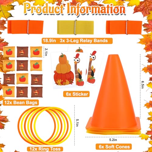 4 in 1 Fall Festival Thanksgiving Party Games with Ring Toss, Plastic Cones, Bean Bags, 3-Legged Race Bands, Thanksgiving Games for Family Boy Girl Adult Carnival Friendsgiving Outdoor Yard Activities - color: Fall Thanksgiving Orange