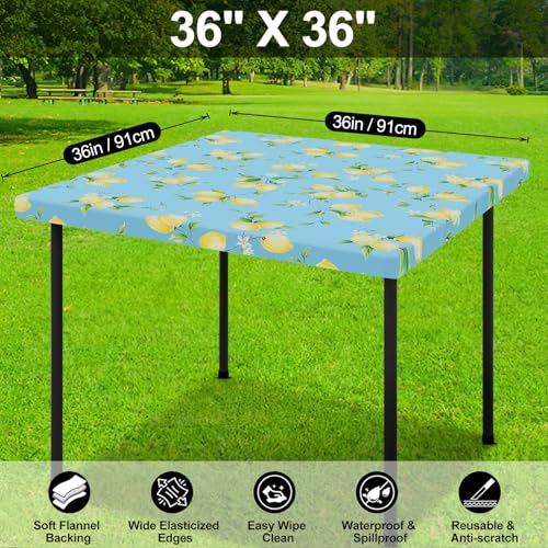 Smiry Square Table Cloth Cover, Waterproof Elastic Fitted Picnic Tablecloth, Wipeable Flannel Backed Vinyl Tablecloths for Camping, Dining, Outdoor (Blue & Yellow, 36" x 36") - color: Blue & Yellow, size: 36" x 36" (Square)