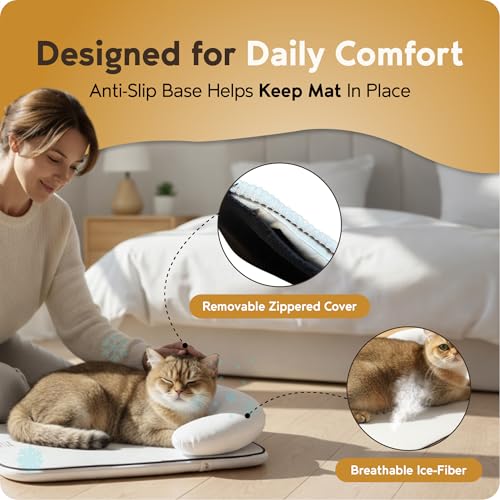 Nona Pelona Self Cooling Pet Mat – Cooling Pad for Cats and Small Dogs – No Gel, No Water, Removable Washable Cover, Anti-Slip Base - color: Cooling Ice Gray