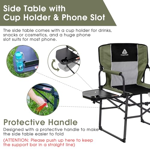 Wide Folding Director Chair with Table, Outdoor Camping Chair for Adults with Cup Holder Load 330 Lbs, Portable Chair for Outside with Carry Bag for Patio, Green - color: Directors Chair-green