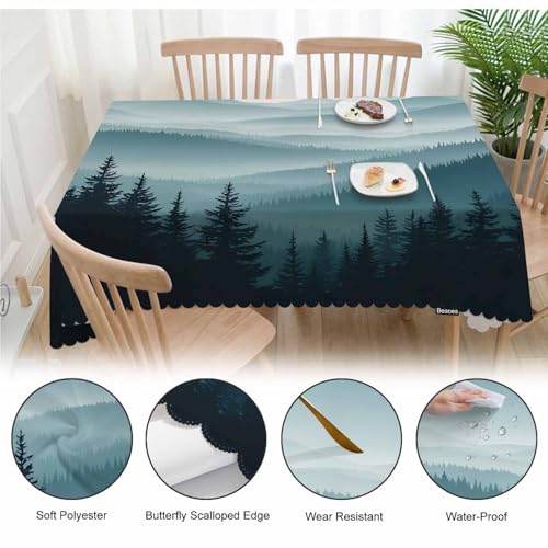 Mountain Forest Decorative Table Cover for Kitchen, Foggy Mountain Pine Woodland Oblong Tablecloth Dining Table Cloth Tabletop Tablecloths for BBQ Picnic Coffee 52"X70", 4-6 Seats - color: Mountain Forest
