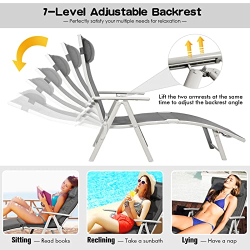 Giantex Chaise Lounge Chair for Outside, Pool Folding Reclining Beach Chair W/Removable Cushion&Headrest Pillow, Outdoor Lounge Chaise w/ 7 Backrest Positions, Portable Patio Lounger (1, Grey) - color: Grey