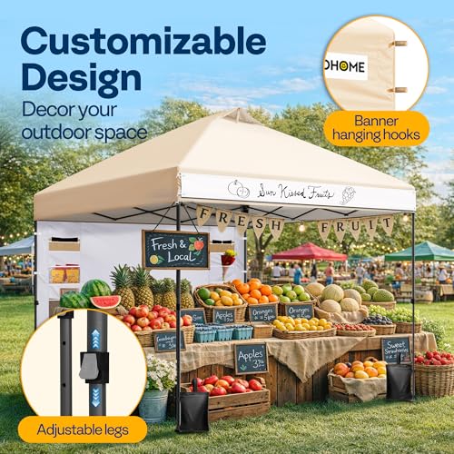 VIVOHOME 10x10ft Pop Up Canopy Tent with Sidewall and 6 Pockets, One Push Setup Outdoor Portable Shelter Tent Heavy Duty with Wheel Carry Bag and 4 Sandbags, Beige - color: Beige