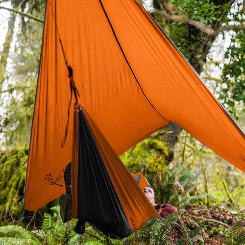 Wise Owl Outfitters Hammock Rain Fly – Waterproof Camping Tarp Cover with Tent Stakes & Carry Bag, Ultralight Shelter for Backpacking & Outdoor Shade - color: Orange, size: Standard (26 oz)