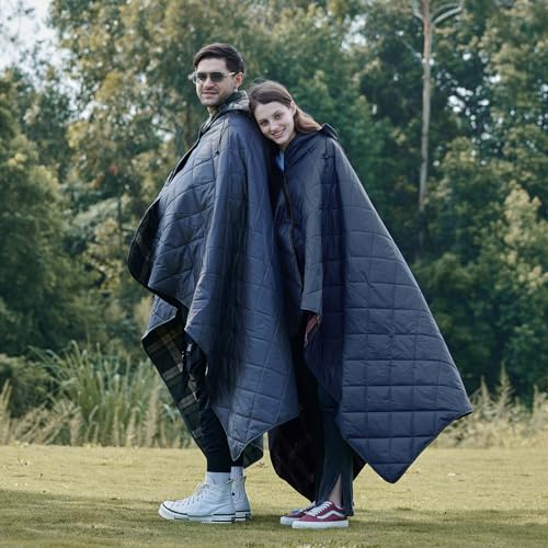 DUKUSEEK Large Camping Blanket - Waterproof, Quilted, Extra Thick Fleece, Warm, Windproof, Wearable, Includes Foldable Hood and Stuff Sack for Car, Outdoor Sports, Picnics, Stadiums, Dogs - color: Black Outer With Red Plaid Fleece