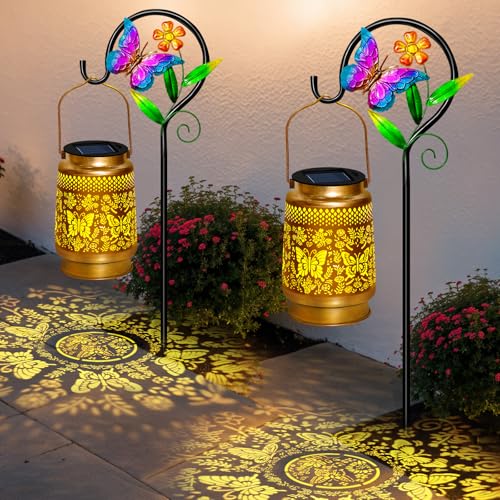 2 Packs Butterfly Solar Lanterns Outdoor Waterproof with Shepherd Hook,Garden Lights Butterfly Decor,Christmas Decorations Birthday Gifts for Women Mom,Hanging Solar Lights Decorative for Patio,Porch - style: 2 packs solar butterfly lanterns