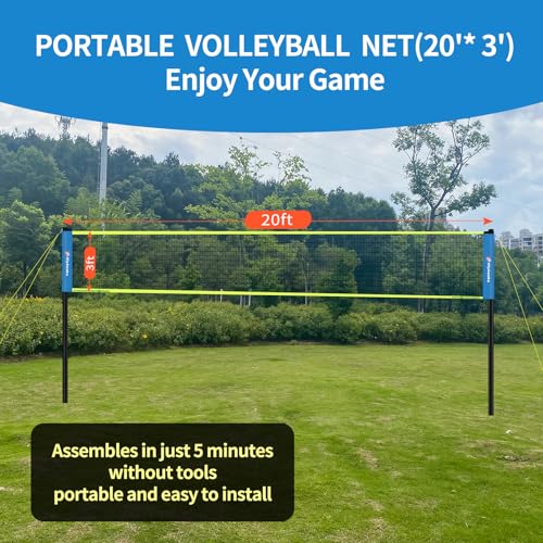 20FT Outdoor Volleyball Net Set System for Backyard Beach with Anti-Sagging Net, Iron Adjustable Height Poles, Soft PU Volleyball and Pump, Carry Bag - Instant Set Up & Durable - color: Blue and Green