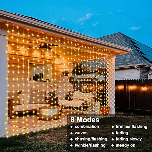 echosari Curtain Lights Battery Operated 200 LED Curtain Fairy Lights 6.6×6.6ft with Remote Timer Outdoor Wall Light Fully Waterproof for Wedding Backdrops Bedroom Decor (Warm White) - color: Warm White, size: 6.6Ft x 6.6Ft