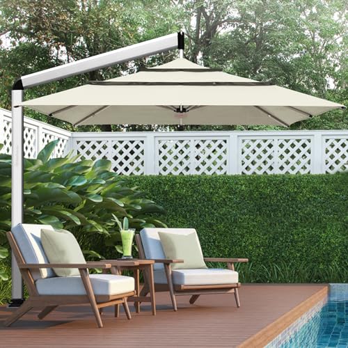 EliteShade USA Atlas 3-Tier 10x10FT Full Aluminum Cantilever Patio Umbrella for Outdoor Restaurant Garden Courtyard Deck Pool and Marketing with Light (No battery), Natural - color: Natural, style: 10FT Atlas