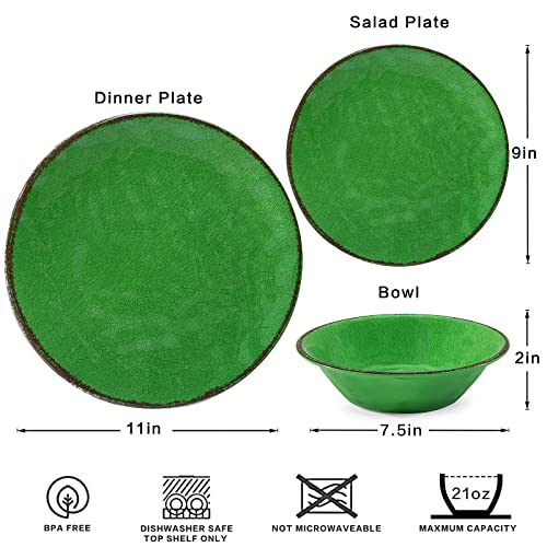 LEHAHA Vintage Crackle Melamine Dinnerware Sets, 12 Piece Plates and Bowls Sets, Great for Camping, RV. Durable and Chip Resistant Farmhouse Dishes Set, Service for 4(Green) - color: Green