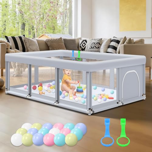 Fshibila 74" ×50" Large Baby Playpen, Baby Playard for Babies and Toddlers, PlayPen for Indoor & Outdoor, Sturdy Safety Play Yard with Soft Breathable Mesh, Anti-Fall, Ball x 18, Handle x 2, Grey - color: Grey, size: 74 × 50 Inch + handle&ball