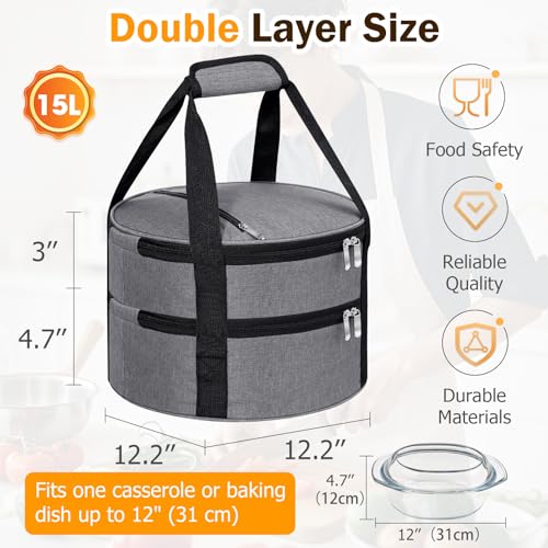 Round Double Insulated Casserole Carrier – 12" Portable Pie Carrier Bag for Hot or Cold Food, Leakproof Thermal Lunch Tote with Handle for Parties Picnic & Travel - Grey - color: Gray, size: Double