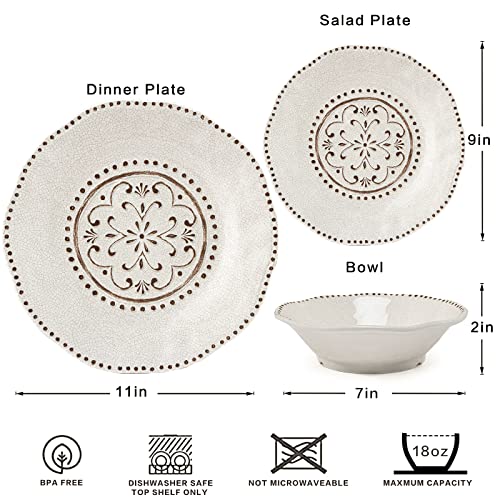 LEHAHA Beaded Crackle 12 Piece Melamine Camping Dinnerware Set, Plates and Bowls Sets, Indoor and Outdoor Use, Break-Resistant Rustic RV Dishes Set, Service for 4(Ivory)… - color: Ivory