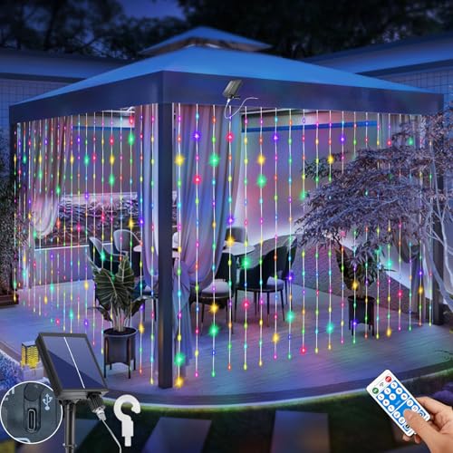 Solar Curtain Lights Outdoor 10 x 10Ft 300LED Waterproof Waterfall Light with 8 Modes Remote USB Rechargeable Dimmable Timer Twinkle Fairy String Lights for Outdoor Christmas Gazebo Wedding Pergola - color: 300LED Multicolor