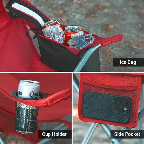 Camping Folding Chair Outdoor Lawn Portable Lightweight Camp Folding Chairs for Adult Outside with Cup Holder, Cooler Pouch & Side Pocket for Camping, Beach, Fishing, Sports or Tailgating Events, Red - color: Red