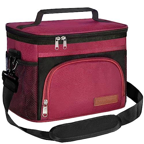ExtraCharm Insulated Lunch Bag for Women/Men - Reusable Lunch Box for Office Picnic Hiking Beach - Leakproof Cooler Tote Bag Organizer with Adjustable Shoulder Strap for Adults - color: Red/Black