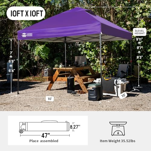 CROWN SHADES 10x10 Pop Up Canopy - Patented Center Lock One Push Instant Outdoor Canopy Beach Tent with STO-N-Go Bag 8 Stakes & 4 Sand Bags，Purple - style: Purple