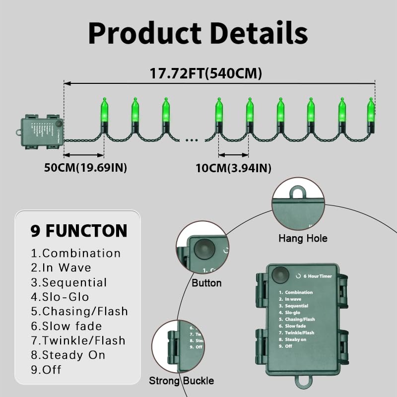 LAMPHOME 50 LED St Patricks Day Mini String Light, Green16 FT Outdoor Christmas Lights with 9 Modes & 6 Hour Timer, Waterproof Battery Operated for Indoor Outdoor Patio Garden Party Tree Decoration - color: Green, size: 50 Count