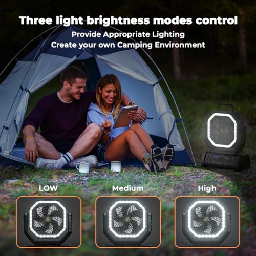 Camping Fan - 20000mAh Battery Powered Fan Rechargeable with LED Lantern - Portable Outdoor Tent Fans with Hanging Hook 4 Speeds Wind Remote Control, Black - color: Black