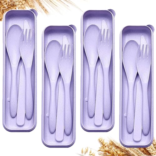 Reusable Travel Utensils Set with Case, 4 Sets Wheat Straw Portable Plastic Fork Spoons Knife Camping Cutlery, Eco-Friendly BPA Free Lunch Tableware for Kids Adults Picnic Work or Daily Use (Purple) - color: Purple