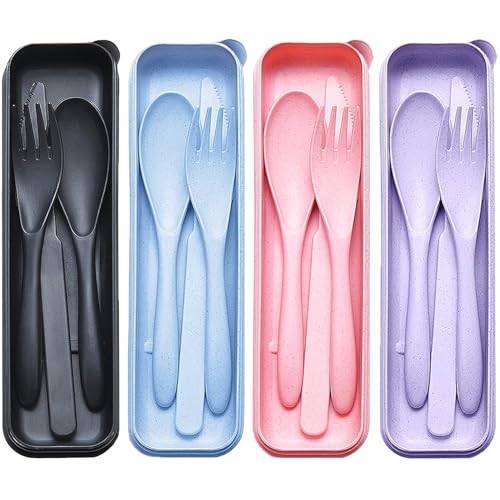 Reusable Travel Utensils Set with Case, 4 Sets Wheat Straw Portable Plastic Fork Spoons Knife Cutlery, Camping Eco-Friendly BPA Free Tableware for Kids Adults Work Picnic or Daily Use (Colorful) - color: Multicolor