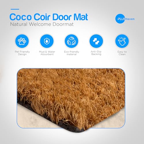PLUS Haven Coconut Coir Home Entrance Door Mat – 17.5" x 30" | Open Door Open Heart Heavy-Duty Doormat for Indoor & Outdoor Use | Durable & Eco-Friendly - color: Open Door Open Heart
