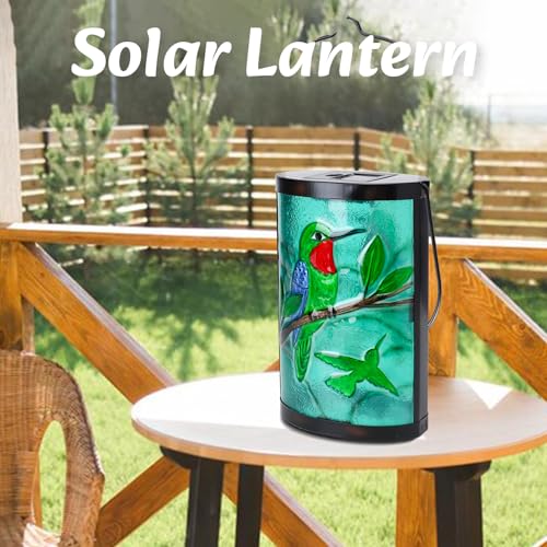 Hanging Solar Lantern Outdoor Waterproof Hummingbird Solar Lights Glass Tabletop Decorative Lamp for Outdoor Patio Garden Outside Yard Decor - style: Green_Hummingbirds