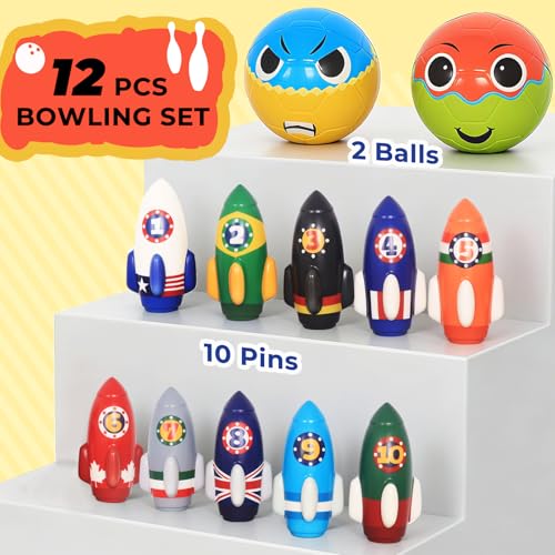 Nattork Rocket Kids Bowling Set - Toddler Bowling Game Indoor Outdoor with 10 Foam Pins 2 Balls, Educational Games Set for Age 4-5,5-12 Kids Birthday Gift