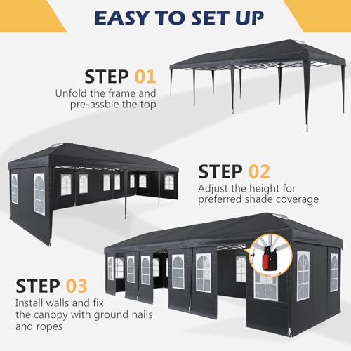 EROMMY 10x30 Heavy Duty Pop Up Canopy Tent with 8 Removable Sidewalls, Waterproof UV50+ Gazebo with Mosquito Netting, Easy Setup Instant Shelter for Backyard, Party, Wedding & Commercial Use, Black - color: Black, size: 10’x 30’