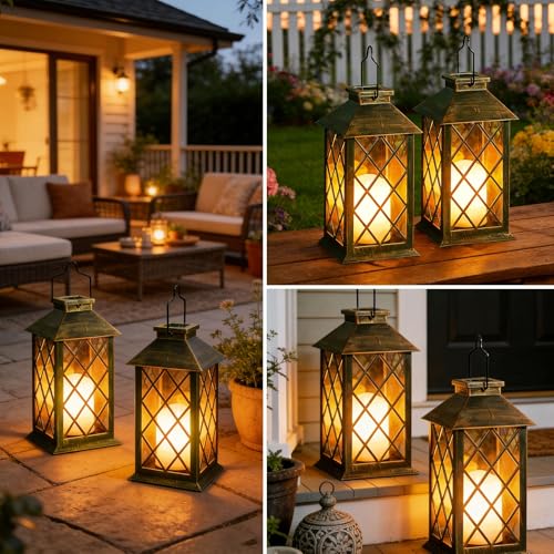 Solar Lanterns Outdoor Waterproof, 2 Pack 9" Glass Hanging Solar Lights with Flickering Flameless Candle, Outdoor Lanterns for Patio Wall Porch Table Garden Yard, Gift for Women Mom - Bronze - size: Bronze 9"