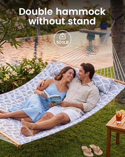 ANAGOO Double Quilted Outdoor Hammock for 2 Adults, 500lb Capacity Backyard & Camping Hammock with Pillow and Bamboo Spreader Bar, Fits 11–15ft Hammock Stands (Stand Not Included),White Gray - color: White Gray(without Stand)