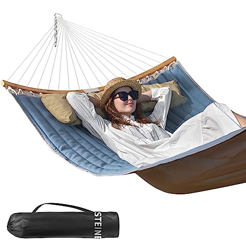Double Hammock, 11 FT Quilted Fabric 2 Person Hammock for Outside with Pillow, Folding Curved Spreader Bar, Chains, Carrying Bag, Indoor Outdoor, 450 IB Capacity, JeansBlue - color: Jeansblue