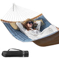 Double Hammock, 11 FT Quilted Fabric 2 Person Hammock for Outside with Pillow, Folding Curved Spreader Bar, Chains, Carrying Bag, Indoor Outdoor, 450 IB Capacity, JeansBlue - color: Jeansblue