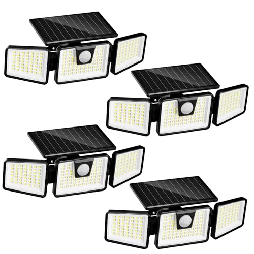 INCX Solar Motion Sensor Lights Outdoor, 3 Heads Security Lights Solar Powered, 156 LED Flood Light Motion Detected Spotlight for Patio Yard Garage Entryways, IP65 Waterproof 4 Pack - color: Black, size: 4 Pcs