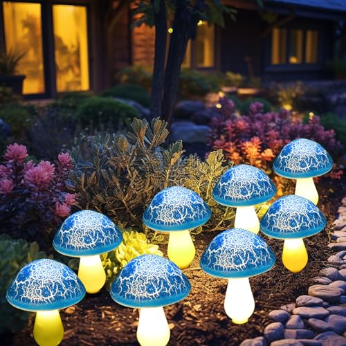 Solar Mushroom Lights Garden Decor 8 Blue Crack Mushrooms Outdoor Decor Stake Lights, Waterproof Solar Pathway Light Gardening Gifts for Landscape Easter Gnomes Yard Halloween Christmas Decorations - color: Blue