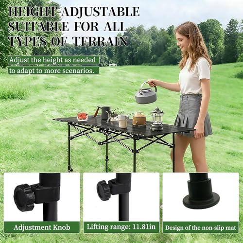 Adjustable Height Aluminum Folding Camping Table，Folding Grill Table，for Outdoor, Camping, Beach, BBQ, Patio, and Picnic, Durable & Waterproof with Carrying Bag(Large-Size) - size: large-size