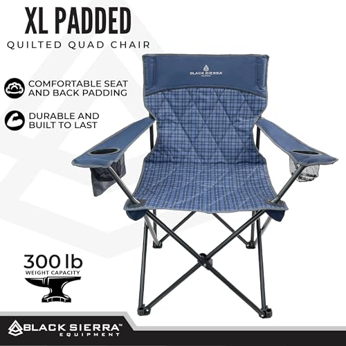Black Sierra Quilted Padded Camping Chair, Oversized Heavy Duty Outdoor Lounge Seat Supports 300 lbs, Portable, Folding with Cup Holder for Beach, Tailgating, Sports, Patio - color: Blue Plaid