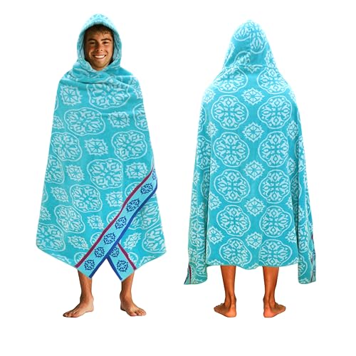 COTTON CRAFT Hooded Beach Towel – Oversized 39 x 68 Towel with Hood for Adults - 100% Cotton Velour Terry Jacquard Towel - Pool Bath Wrap - 450 GSM Soft Absorbent Quick Dry – Summer Trellis Pool Blue - color: Summer Trellis Pool Blue, size: 1 Pack - 39x68