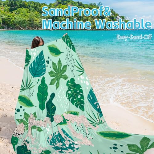 Beach Blanket Waterproof Sandproof Oversized Extra 110" * 118"/ 9 * 10 Ft Sand Free Beach Mat with Stakes, Storage Bag - Essentials for Outdoor Beach, Picnic,Quick Drying Durable - color: Palm Leaf, size: 9x10 FT (1～8 Person)