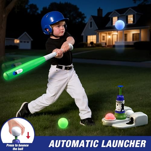 QDRAGON 2 in 1 T Ball Sets for Kids 3-5 5-8, Tee Ball Set with Automatic Pitching Machine/Adjustable Batting Bat & Stand/6 Balls, Baseball Toys Outdoor Sport for Toddlers Boys - color: Blue+red