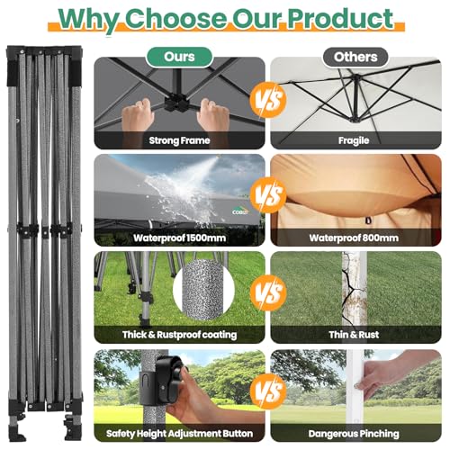 COBIZI 10x15 FT Heavy Duty Pop up Canopy with 4 Removable Sidewalls, Easy up Gazebo High Stability, All Weather Sunshade 100% Waterproof Outdoor Canopy Tents with Carry Bag, Gray - color: Gray, size: 10x15 with 4 sidewalls