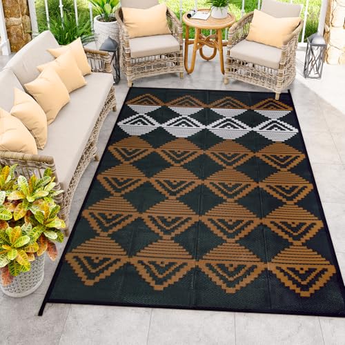 Lahome Outdoor Plastic Straw Rug, Reversible Outdoor Rug Waterproof 6x9 Patio Rugs, Camping Rugs for RV Backyard Deck Porch Picnic Beach Trailer (Black/Brown, 6' x 9') - color: Black/Brown/Checkered, size: 6'x9'