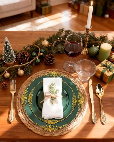 Nervure 350PCS Green Plastic Plates - Green Gold Plastic Dinnerware Sets for 50 Guests - 100 Disposable Plates, 150 Gold Silverware, 50 Cups, 50 Napkins Perfect for Wedding & Party - color: Green and Gold