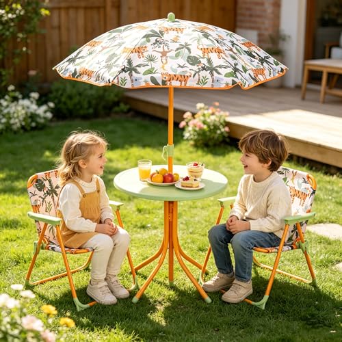 KOTEK Kids Picnic Table with Umbrella, Outdoor Table & 2 Folding Chairs, Cute Pattern Children’s Patio Furniture, Portable Kids Table and Chair Set for Backyard, Garden, Beach (Yellow Tiger) - color: Yellow Tiger