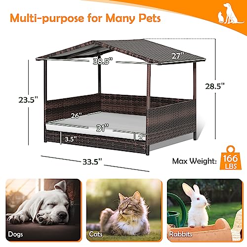 Wicker Dog House Elevated Dog Bed Houses for Indoor Outdoor, Raised Rattan Dog Cot Woven Pet Sofa, w/Waterproof Shelter, Removable Cushion Lounge, Washable Cover - style: White