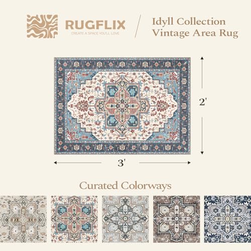Rugflix 2x3 Small Area Rugs for Entryway, Washable Entrance Door Mat Non-Slip, Soft Low Pile Stain Resistant Vintage Boho Indoor Throw Rug for Hallway, Kitchen, Bedroom, Blue Orange - color: Blue Orange, size: 2' x 3' (Rectangular)
