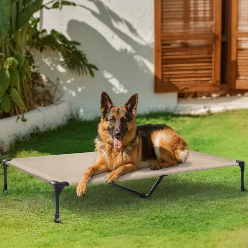 Veehoo Outdoor Elevated Dog Bed Large Sized Dogs, XL Cooling Raised Dog Cots Beds Training Platform Off Ground Hammock with Breathable Mesh, No-Slip Feet, 49"x33", Beige Coffee - color: Beige Coffee, size: 49.0"L x 33.0"W x 9.0"Th